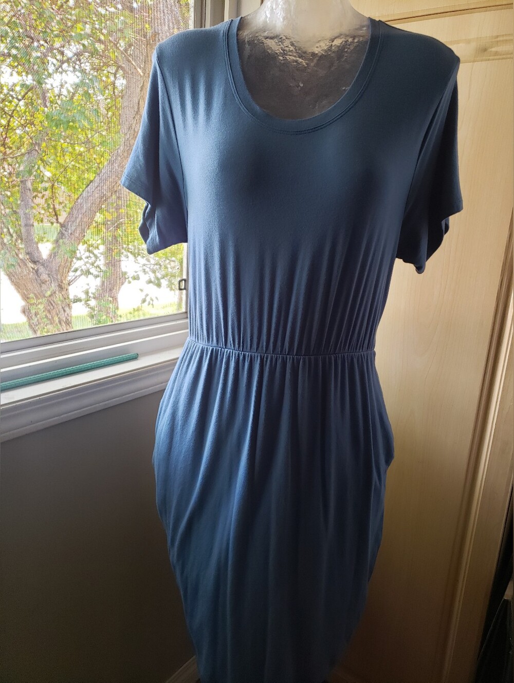 Smash + Tess The Rebecca Shorty Wrap Dress Dusty Blue Midi Scoop-Neck Dress